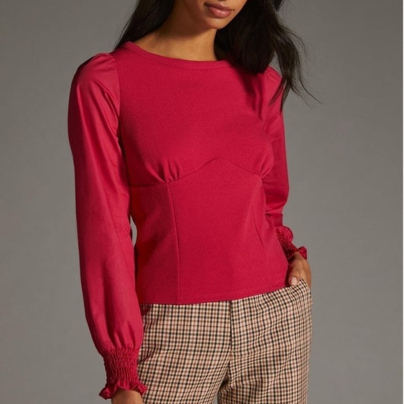 NWOT By Anthropologie Structured Long Sleeve Top Wine Red Medium Cottage - Picture 1 of 10